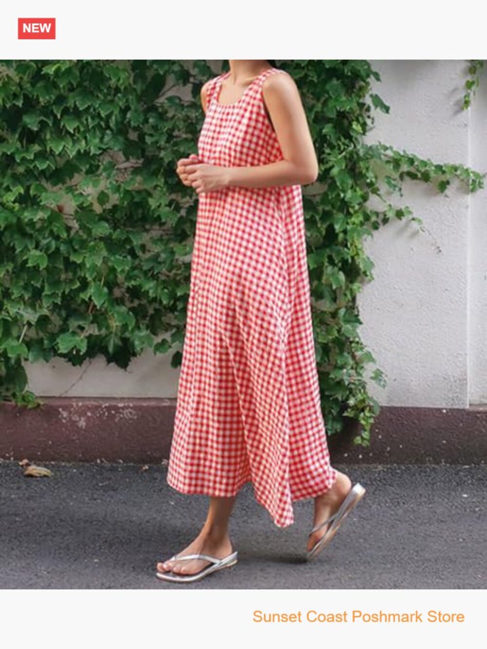 Women's Casual Loose-Fit Cotton Plaid Tank Maxi Dress with Pockets Boho Beach - Picture 3 of 8